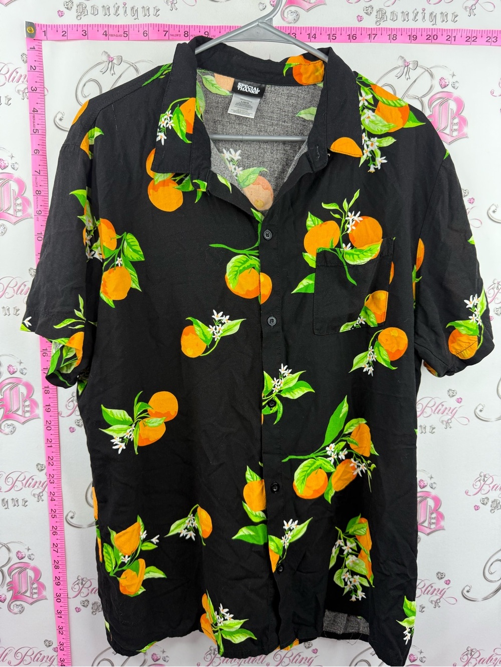 SPECIAL THANKS shirt Tropical Orange Print Short-Sleeve Button-Down Shirt Black